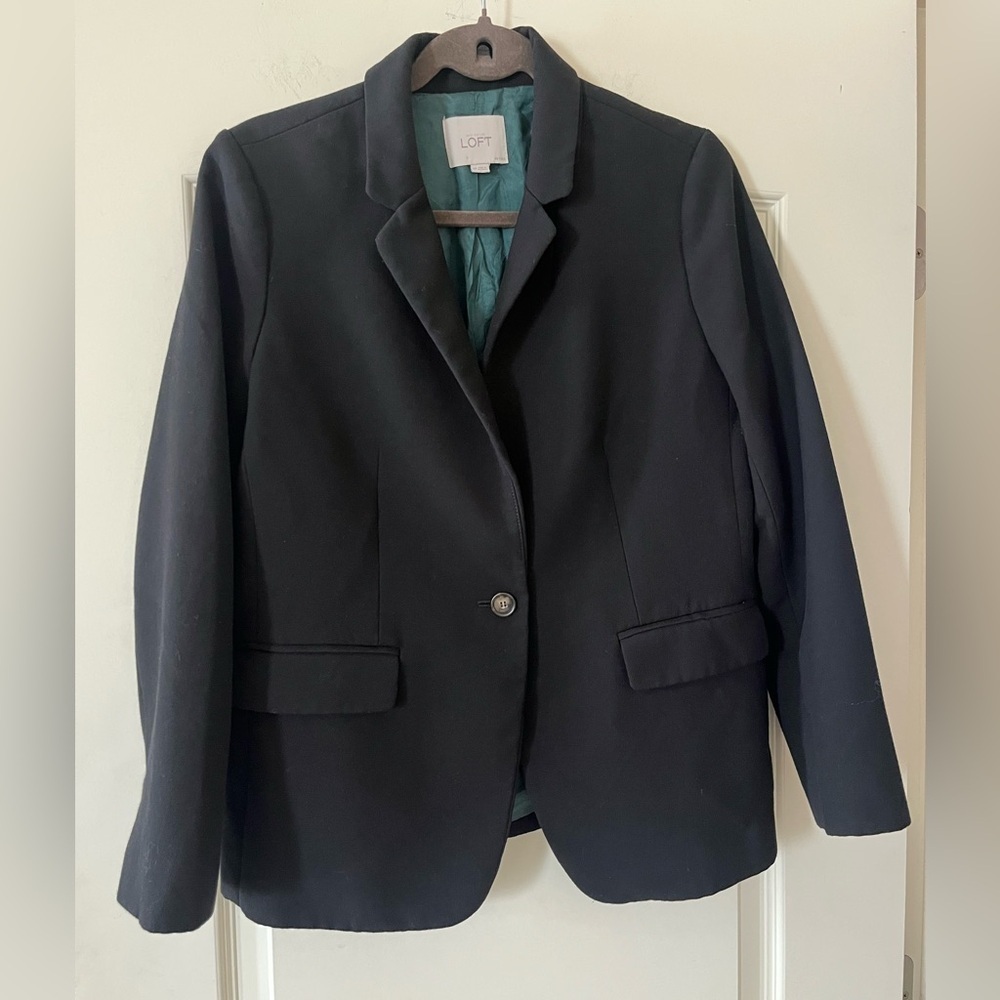 Loft Black Blazer Suit Jacket One Button Closure with Teal Lining Size 8 Petite